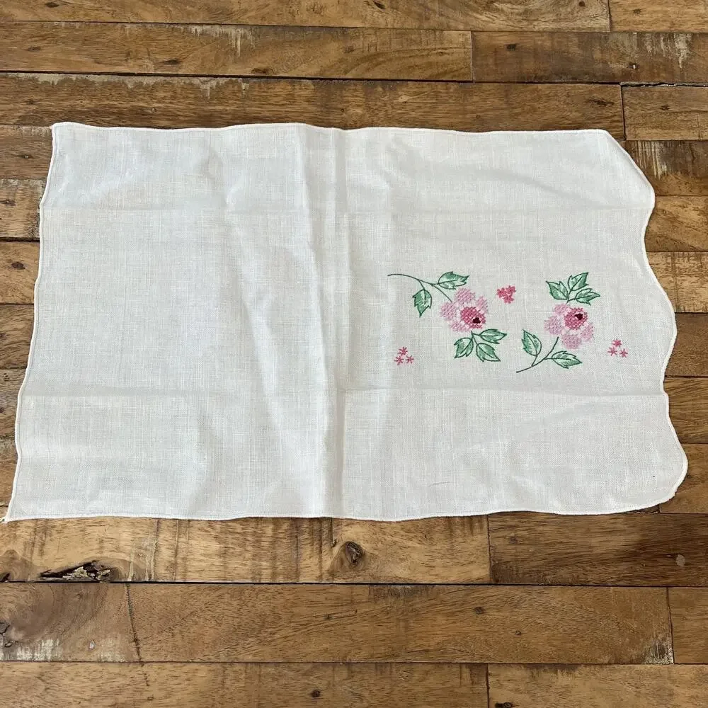 Vintage Cross-Stitch Embroidered Linen Napkins Set of 5 Floral Farmhouse Style